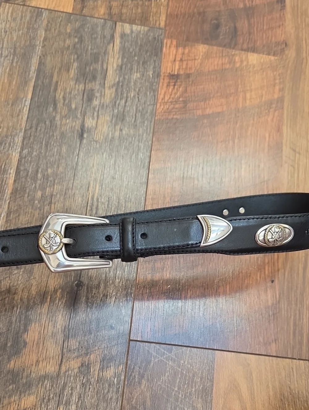 Black Genuine Saddle Leather Belt With Silver Conchos Golf Club Motif, Size 38
